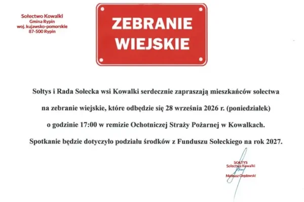 Zebranie wiejskie w Kowalkach – podział Funduszu Sołeckiego na 2027 rok