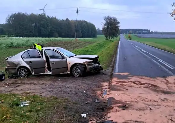 Kolizja w Puszczy Rządowej – auto uderzyło w skarpę rowu